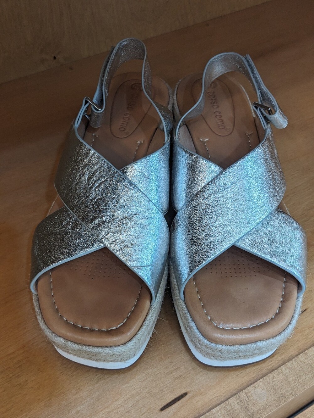 Corso Como Metallic Silver Cross-Strap Platform Sandals
